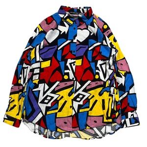 BIG DART Abstract Heart Geometric Print Long Sleeve Button Up Shirt UK 12 90s